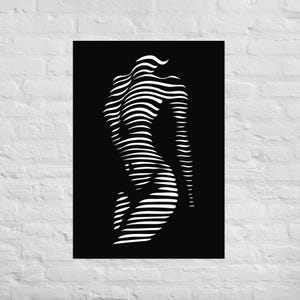 May include: Black and white art print featuring a stylized depiction of a human form. The figure is rendered with horizontal white lines against a black background, creating an optical illusion of depth and form. The artwork is a minimalist representation.