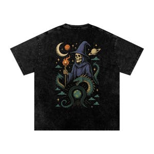 Gothic Tshirt With Skull Wizard And Serpent – Cosmic Summoner Graphic Tee | Celestial Vintage Spiritual Streetwear By Stitro