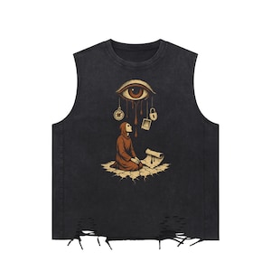 Oracle | Gothic Tank Top, Unisex Loose Fit, Eye Art, Ripped Black Sleeveless, Grunge Graphic Tank, Pure Cotton, Summer Streetwear