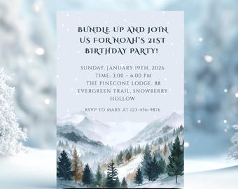 Winter Birthday Invitation Template | Snowy Landscape (Digital Download)