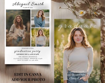 May include: A graduation party invitation template featuring three photo slots, the name Abigail Smith, and event details including the date Saturday, May 23, 20xx at 4pm, alongside a separate card with the word graduate and photo space.
