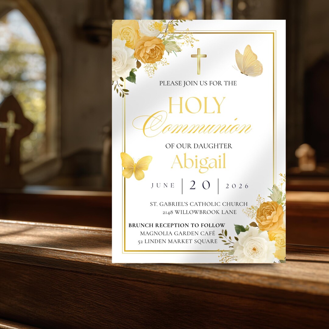 Yellow Floral Holy Communion Invitation | Spring Communion Party Invite ...