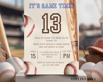 May include: Baseball-themed invitation with the text "IT'S GAME TIME!" and "13". The invitation includes details for a birthday party, with baseballs and a bat in the background. The invitation is for Noah's 13th birthday.