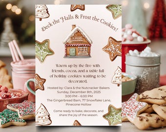 May include: A rectangular invitation card with a light pink background featuring illustrations of gingerbread houses and star-shaped cookies. The text reads: Deck the Halls & Frost the Cookies! Warm up by the fire with friends, cocoa, and a table full of holiday cookies waiting to be decorated. Hosted by: Clara & the Nutcracker Bakers Sunday, December 8th, 2025 3:00 PM – 6:00 PM The Gingerbread Barn, 77 Snowflake Lane, Pinecone Hollow Come ready to bake, decorate, and share the joy of the season.