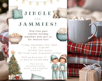 May include: A Jingle and Jammies holiday party invitation card featuring watercolor illustrations of string lights, a teddy bear, popcorn bowls, a Christmas tree, and two children in pajamas, with event details for December 13th, 2025.