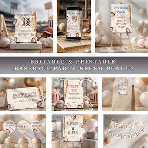 Editable Baseball Birthday Bundle • Invitation and Party Decor Templates • Canva Bundle • Instant Download