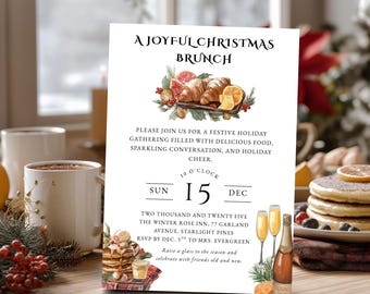 Op de afbeelding: Een witte rechthoekige uitnodigingskaart met de titel A JOYFUL CHRISTMAS BRUNCH en aquarelillustraties van croissants, citrusvruchten en champagne. De tekst bevat evenementdetails voor zondag 15 december 2025 in The Winter Rose Inn.