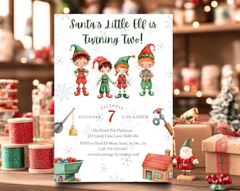 Invitation d'anniversaire sur le thème du petit elfe du Père Noël, modèle Canva modifiable pour fête de Noël, invitation à imprimer pour les fêtes d'enfants (téléchargement numérique).