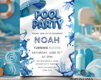 May include: A blue and white pool party invitation with the text "POOL PARTY" in balloon letters. The invitation includes the name "NOAH", event details, and the text "EDIT IN CANVA SUMMER PARTY INSTANT DOWNLOAD".