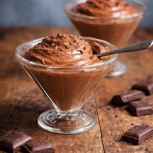 May include: Two glass dessert bowls filled with chocolate mousse, garnished with chocolate shavings. A spoon rests in one bowl. Several pieces of dark chocolate are scattered on the wooden surface, creating a rich, decadent dessert scene.