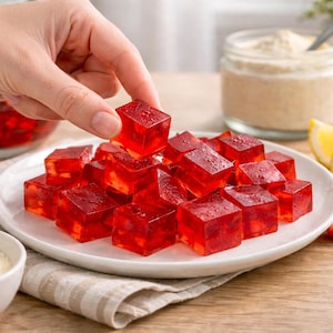 Può includere: Cubetti di gelatina rossi brillanti su un piatto bianco. Una mano si allunga per prenderne uno. Fette di limone e una fragola sono accanto. Una ciotola di polvere bianca e un barattolo di polvere beige sono anche nell'immagine.