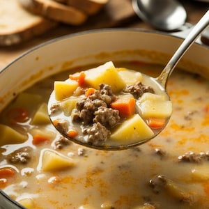 May include: A white pot filled with a creamy soup, with a ladle scooping out a portion. The soup contains chunks of potatoes, carrots, and ground meat. Slices of bread are visible in the background.