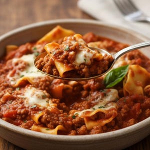 May include: A bowl of pasta with a rich, red meat sauce, topped with melted cheese. A spoonful of pasta is held above the bowl, showcasing the dish's texture and ingredients. A fresh basil leaf adds a touch of green.