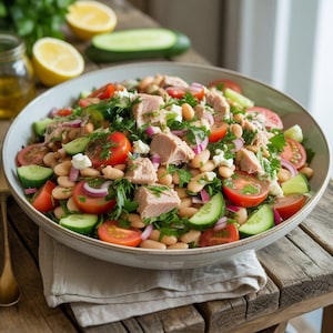 Könnte beinhalten: Ein frischer Salat in einer großen, hellen Schüssel. Der Salat enthält Thunfischstücke, weiße Bohnen, halbierte Kirschtomaten, Gurkenscheiben, rote Zwiebeln und frische Kräuter. Der Salat steht auf einem Holztisch.