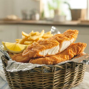 May include: A wicker basket filled with fried fish fillets, french fries, and a lemon wedge. The fish has a golden-brown, crispy exterior and white, flaky interior. The fries are golden and crispy. The basket is lined with foil.