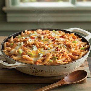 Puede incluir: Una fuente humeante de pasta con pollo búfalo. El plato presenta pasta penne, pollo desmenuzado, queso derretido, queso azul y apio picado. La pasta está en una sartén de hierro fundido blanco con asas.