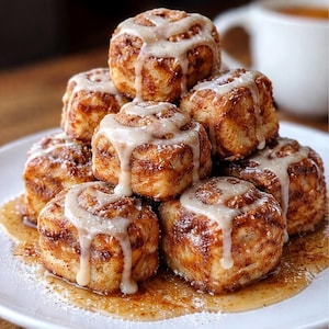May include: A stack of freshly baked cinnamon rolls on a white plate. The rolls are golden brown, drizzled with white icing, and sit in a pool of syrup. A white mug is in the background.