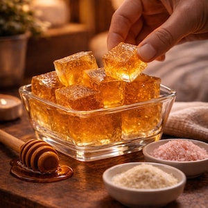 May include: A hand holding a golden honey cube from a glass bowl filled with similar cubes. A wooden honey dipper rests on a wooden surface with a small pool of honey. Small bowls of pink salt and white granules are also present.