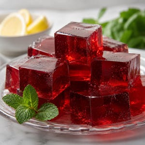 May include: A close-up of several red gelatin cubes arranged on a clear glass plate. A sprig of mint and a bowl of lemon slices are in the background. The cubes have a glossy, transparent appearance.