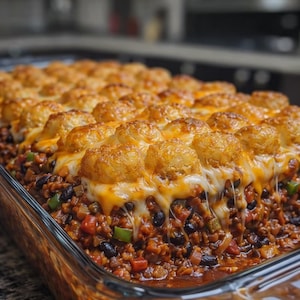 May include: A baked casserole in a clear glass dish. The dish features a layer of seasoned ground meat, black beans, and vegetables, topped with melted cheese and golden-brown tater tots.