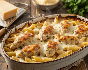 BEST RECIPE for Creamy Garlic Parmesan Chicken Pasta Bake recipe | Digital Download | Instant Digital File