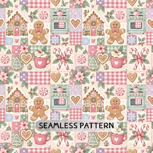 May include: A seamless pattern featuring a repeating grid of Christmas-themed illustrations including gingerbread people, gingerbread houses, mint-colored stoves, pink mugs with whipped cream, candy canes, and heart-shaped cookies on a checkered background.