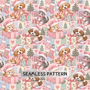 May include: A seamless pattern featuring illustrations of puppies and kittens wearing Santa hats, sitting in gift boxes, surrounded by Christmas trees, stockings, and presents. The background consists of a patchwork of pastel-colored squares.