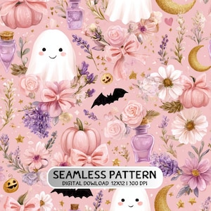 Könnte beinhalten: Ein nahtloses digitales Muster mit weißen Geistern, rosa Kürbissen, violetten Zaubertrankflaschen, goldenen Mondsicheln, Fledermäusen und Blumen auf rosa Grund. Der Text lautet SEAMLESS PATTERN DIGITAL DOWLOAD 12X12 | 300 DPI.
