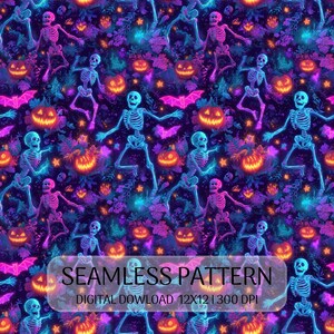 Neon Skeleto Halloween Skeleton Seamless Pattern JPG
