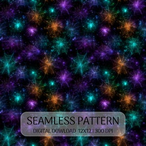 May include: A seamless digital pattern featuring glowing spider webs in shades of purple, orange, and teal against a dark black background with scattered light points. The text SEAMLESS PATTERN DIGITAL DOWNLOAD 12X12 300 DPI is overlaid.