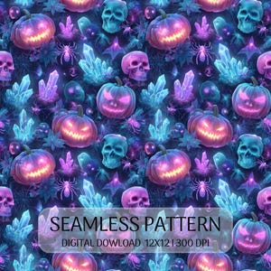 May include: A seamless digital pattern featuring glowing orange jack-o'-lanterns, blue skulls, jagged crystal formations, and small spiders on a dark background. The image includes the text SEAMLESS PATTERN DIGITAL DOWLOAD 12X12 300 DPI.