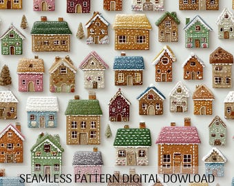 May include: A seamless pattern of gingerbread houses in a variety of colours, such as pink, green, brown, and blue. Each house has unique features like chimneys, windows, and decorative icing. The text "SEAMLESS PATTERN DIGITAL DOWNLOAD 12X12 300 DPI" is at the bottom.