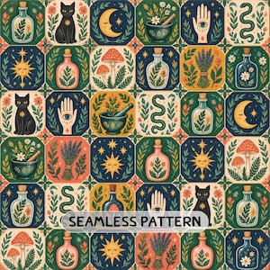 May include: A seamless pattern featuring repeating octagonal tiles with illustrations of black cats, crescent moons, suns, mushrooms, snakes, lavender bundles, mortar and pestles, hands with eyes, and glass bottles filled with plants and flowers.