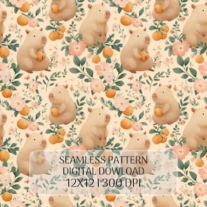May include: A seamless pattern featuring light brown capybaras holding orange fruits, interspersed with pink flowers, green leaves, and small butterflies on a cream background. Text reads: SEAMLESS PATTERN DIGITAL DOWLOAD 12X12 | 300 DPI.