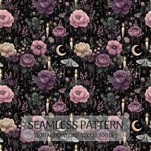 May include: A seamless pattern featuring pink and purple roses, lit candles, crescent moons, moths, and small skulls on a black background. The image includes the text SEAMLESS PATTERN DIGITAL DOWLOAD 12X12 300 DPI in a semi-transparent box.
