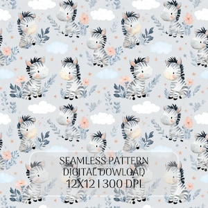 Zebra Seamless Pattern, Watercolor Safari Animal Digital Paper, Pastel Baby Nursery JPG