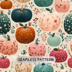 Peut inclure: Un motif sans couture représentant diverses citrouilles dans des tons orange, rose, bleu sarcelle et vert sur un fond crème. Les citrouilles sont décorées de pois, de motifs floraux et d'imprimés léopard, parsemées de petits brins de feuillage.