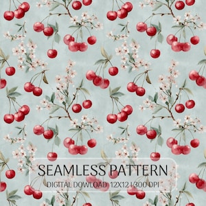 Może przedstawiać: Bezszwowy wzór cyfrowy przedstawiający czerwone wiśnie i białe kwiaty wiśni na jasnoniebieskim tle. Nakładka tekstowa brzmi SEAMLESS PATTERN DIGITAL DOWLOAD 12X12 300 DPI. Projekt prezentuje powtarzające się elementy botaniczne.