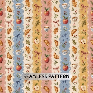 Puede incluir: Un patrón sin costuras con rayas verticales en azul, rosa y amarillo con bordes festoneados. El diseño incluye ilustraciones de tazas de café, croissants, manzanas rojas, hojas de roble, bayas y lazos. El texto SEAMLESS PATTERN es visible.