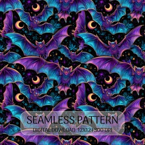 May include: A seamless digital pattern featuring repeating illustrations of bats with vibrant purple and blue wings against a black background. The design includes small yellow crescent moons and scattered star-like accents throughout the composition.