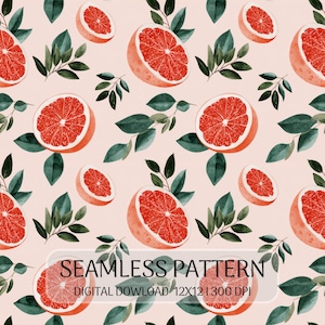 May include: A seamless pattern featuring watercolour illustrations of halved grapefruits with vibrant red interiors and dark green leaves on a light pink background. The text reads SEAMLESS PATTERN DIGITAL DOWLOAD 12X12 | 300 DPI.