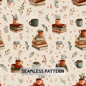 Könnte beinhalten: Ein nahtloses Muster auf hellbeigem Hintergrund mit wiederkehrenden Aquarellillustrationen von Bücherstapeln, Topfpflanzen und Kaffeetassen. Kleine rote Herzen und zarte grüne Blattzweige sind über das gesamte Design verteilt.