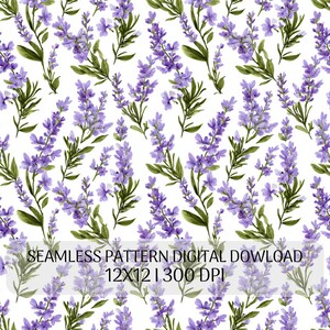 May include: A seamless digital pattern featuring watercolor-style purple lavender sprigs with green stems and leaves on a white background. The image includes the text: SEAMLESS PATTERN DIGITAL DOWLOAD 12X12 | 300 DPI.