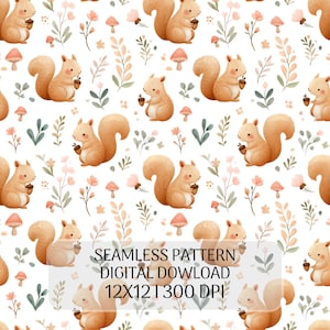 May include: A seamless digital pattern featuring light brown squirrels holding acorns, interspersed with small pink mushrooms and delicate green foliage on a white background. The text reads: SEAMLESS PATTERN DIGITAL DOWLOAD 12X12 300 DPI.