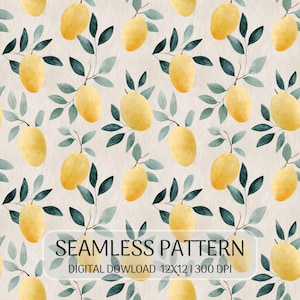 May include: A seamless pattern featuring watercolor yellow lemons and dark green leaves on a light beige background. The text overlay reads SEAMLESS PATTERN DIGITAL DOWNLOAD 12X12 | 300 DPI, indicating the file specifications for this digital design.