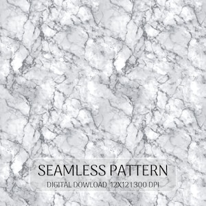 May include: A seamless digital pattern featuring a white and gray marble texture with intricate veining. The image includes the text SEAMLESS PATTERN and DIGITAL DOWNLOAD 12X12 | 300 DPI centered in a translucent rectangular overlay.