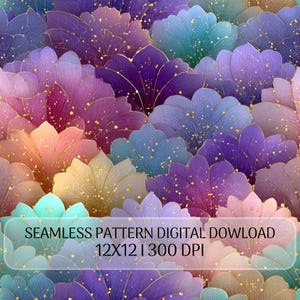 Könnte beinhalten: Ein nahtloses digitales Muster mit geschichteten floralen Formen in Lila, Blau, Rosa und Gold. Der Entwurf enthält den Text "SEAMLESS PATTERN DIGITAL DOWLOAD 12X12 | 300 DPI".
