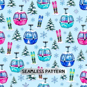 Ski Gondola Seamless Pattern JPG, Colorful Winter Watercolor Digital Paper, Snowy Mountain Print