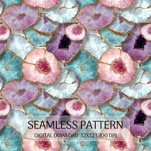 Könnte beinhalten: Ein nahtloses digitales Muster mit einer sich wiederholenden Anordnung kreisförmiger Achat-Scheiben in Rosa-, Lila- und Türkistönen mit goldfarbenen Rändern. Das Bild enthält den Text: SEAMLESS PATTERN DIGITAL DOWLOAD 12X12 | 300 DPI.