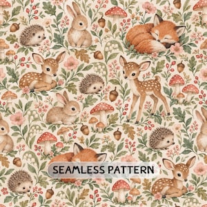 May include: A seamless pattern featuring watercolor illustrations of woodland animals including foxes, deer, rabbits, and hedgehogs nestled among mushrooms, acorns, and green foliage on a light cream background with the text SEAMLESS PATTERN.